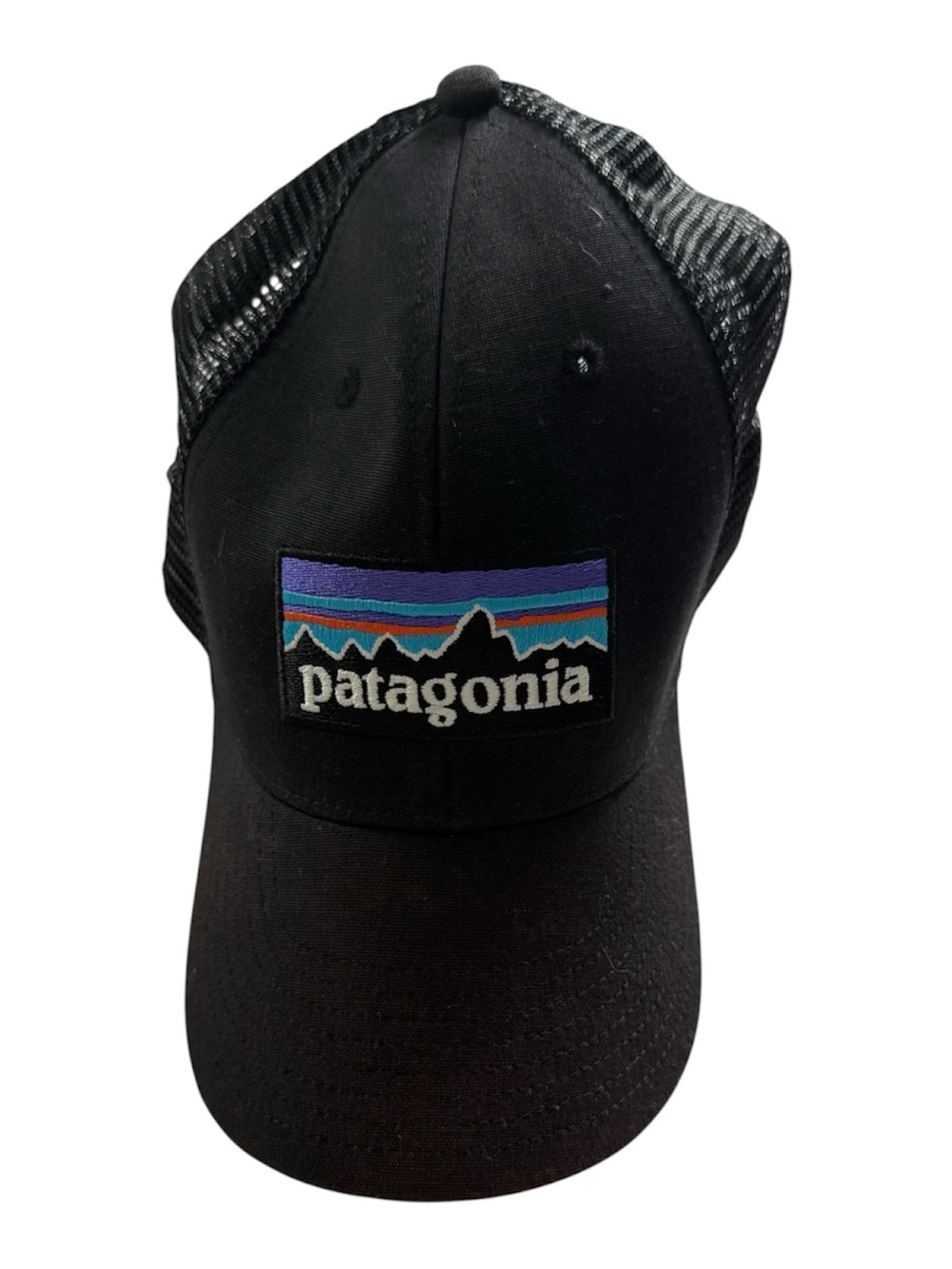 Patagonia Black Trucker Hat with Purple and Teal Logo